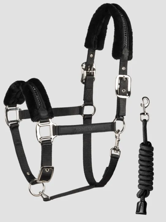 Equiline EQGlefur Fell-Halfter mit Strasssteinen und Strick schwarz Full