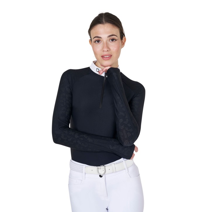 Turniershirt für Damen von Equestro - Ärmel mit Mesh in Schwarz