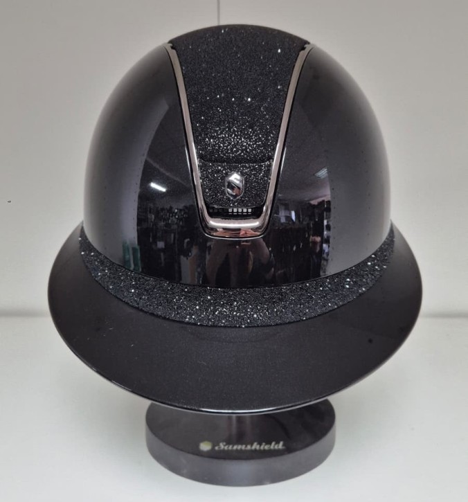 Samshield Miss Shadowglossy 2.0 – Reithelm Schwarz mit Crystal Fabric Top, Frontal Band & Blazon