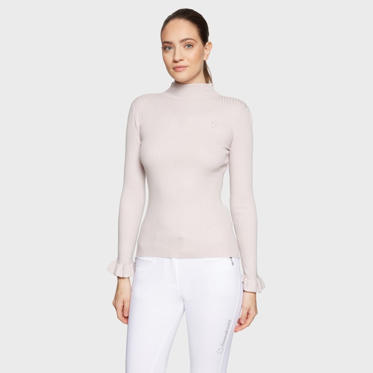 Damenpullover Lidia Ruffle von Samshield – Feather, hoher Kragen, Rüschenärmel