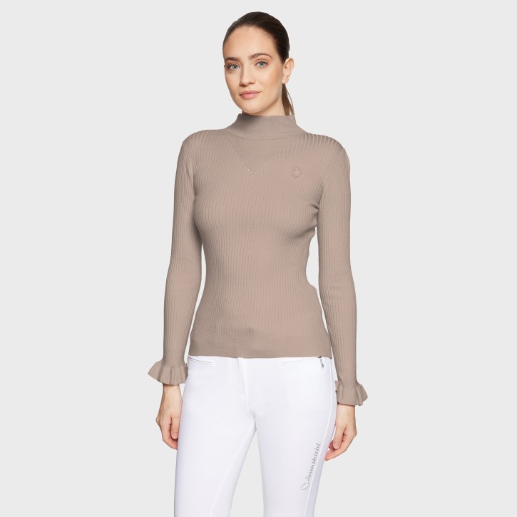 Damenpullover Lidia Ruffle von Samshield – Vanilla, hoher Kragen, Rüschenärmel