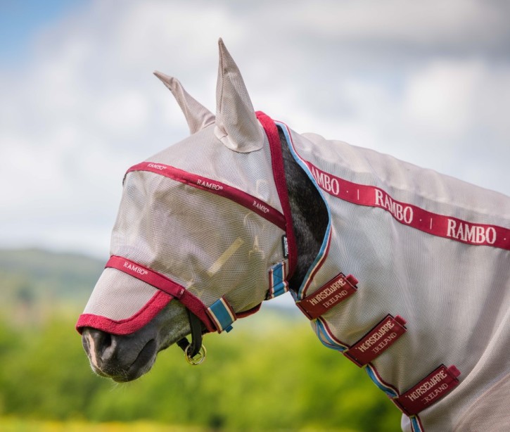 Horseware Fliegenmaske Rambo Oatmeal/Cherry, Peach & Blue